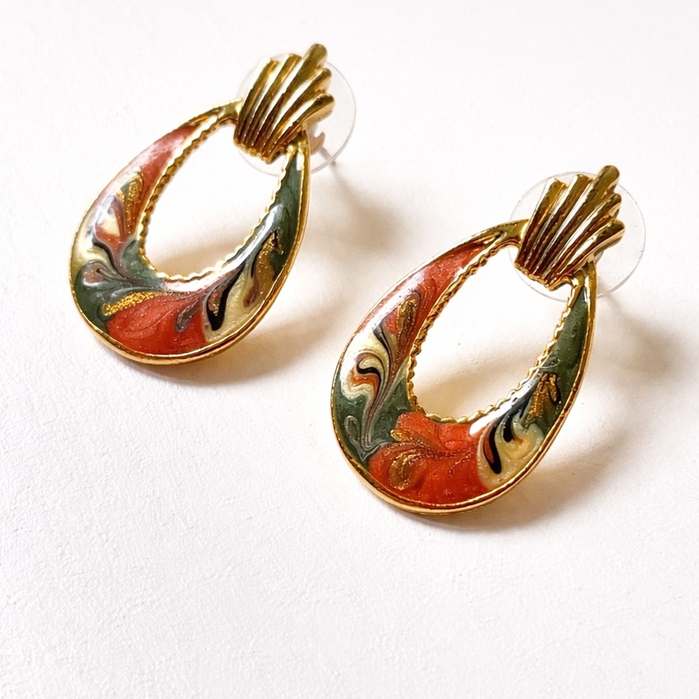 Vintage Gold Enamel Teardrop Earrings Boho Retro Statement USA